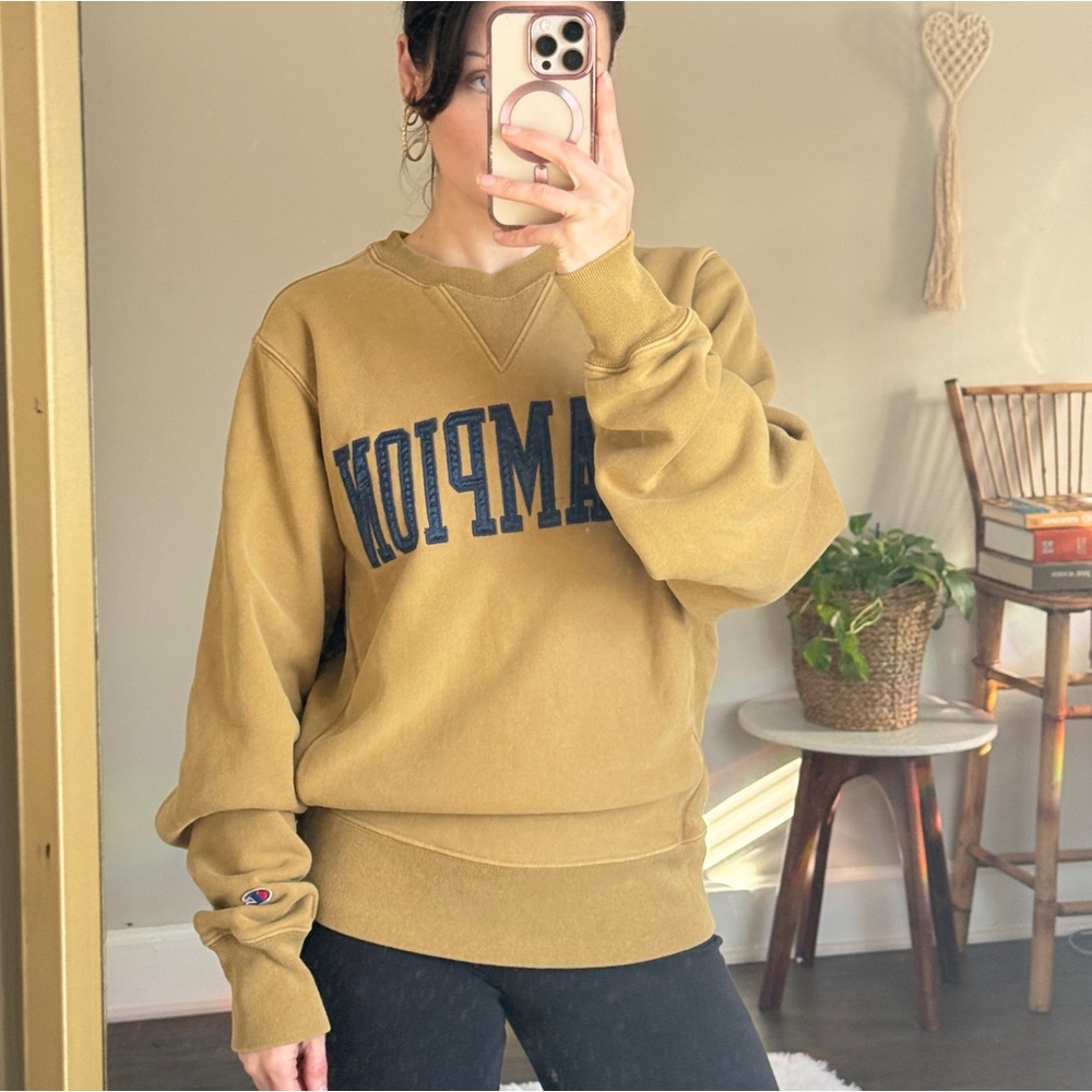 Mustard Yellow Gold with Navy Embroidery Champion Crewneck Sweatshirt Small